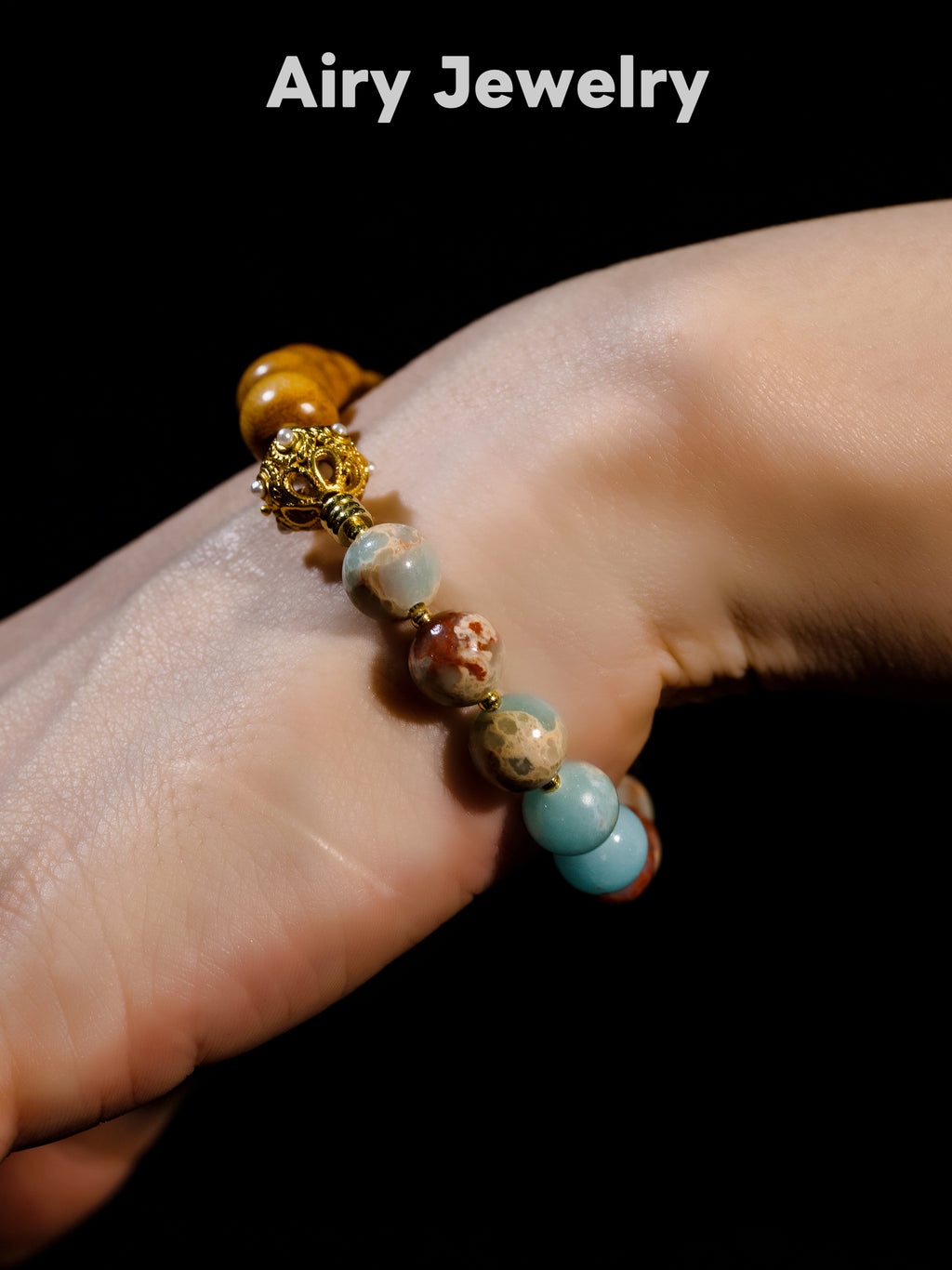 Shoushan stone and wood bead bracelet