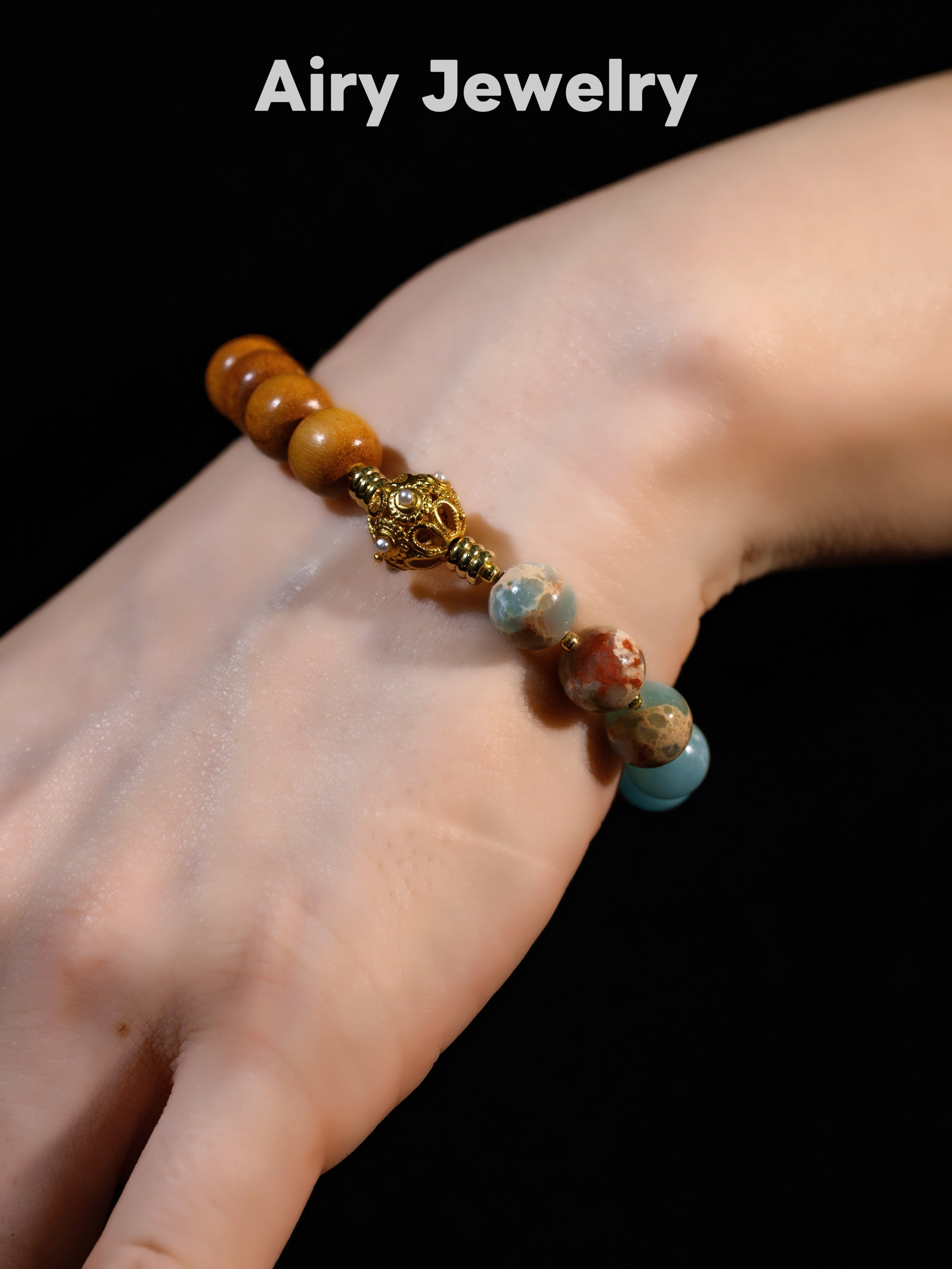 Shoushan stone and wood bead bracelet