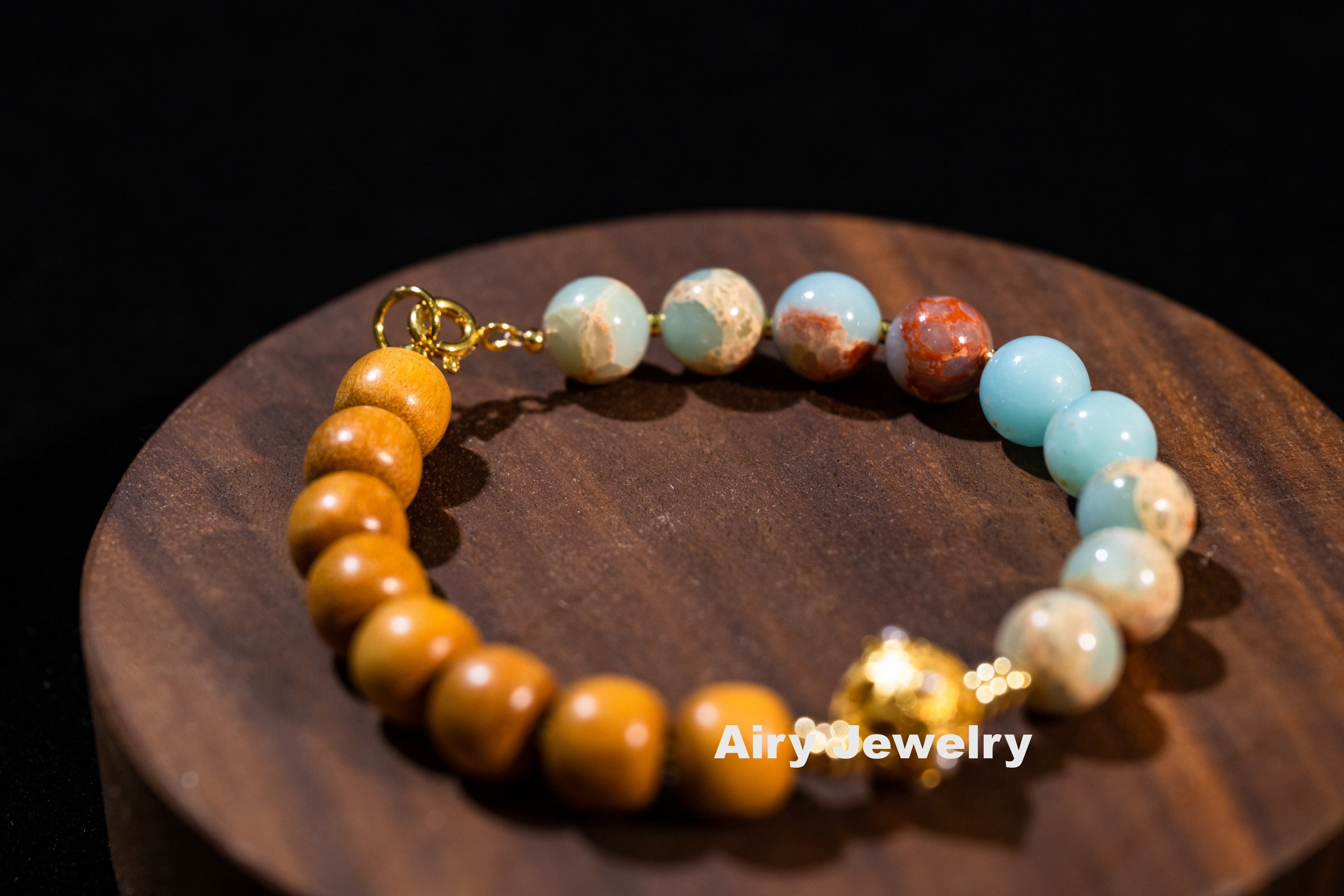 Shoushan stone and wood bead bracelet