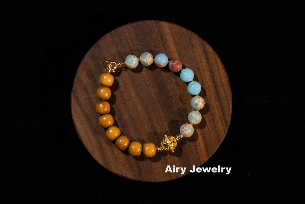 Shoushan stone and wood bead bracelet